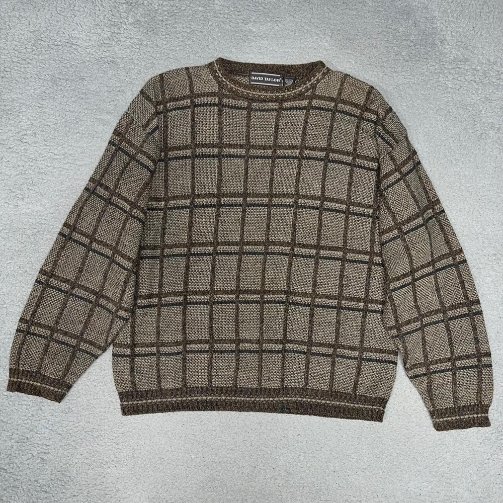 VTG David Taylor Sweater Mens Sz L Brown Plaid Knit Pullover Grandpa Made in USA